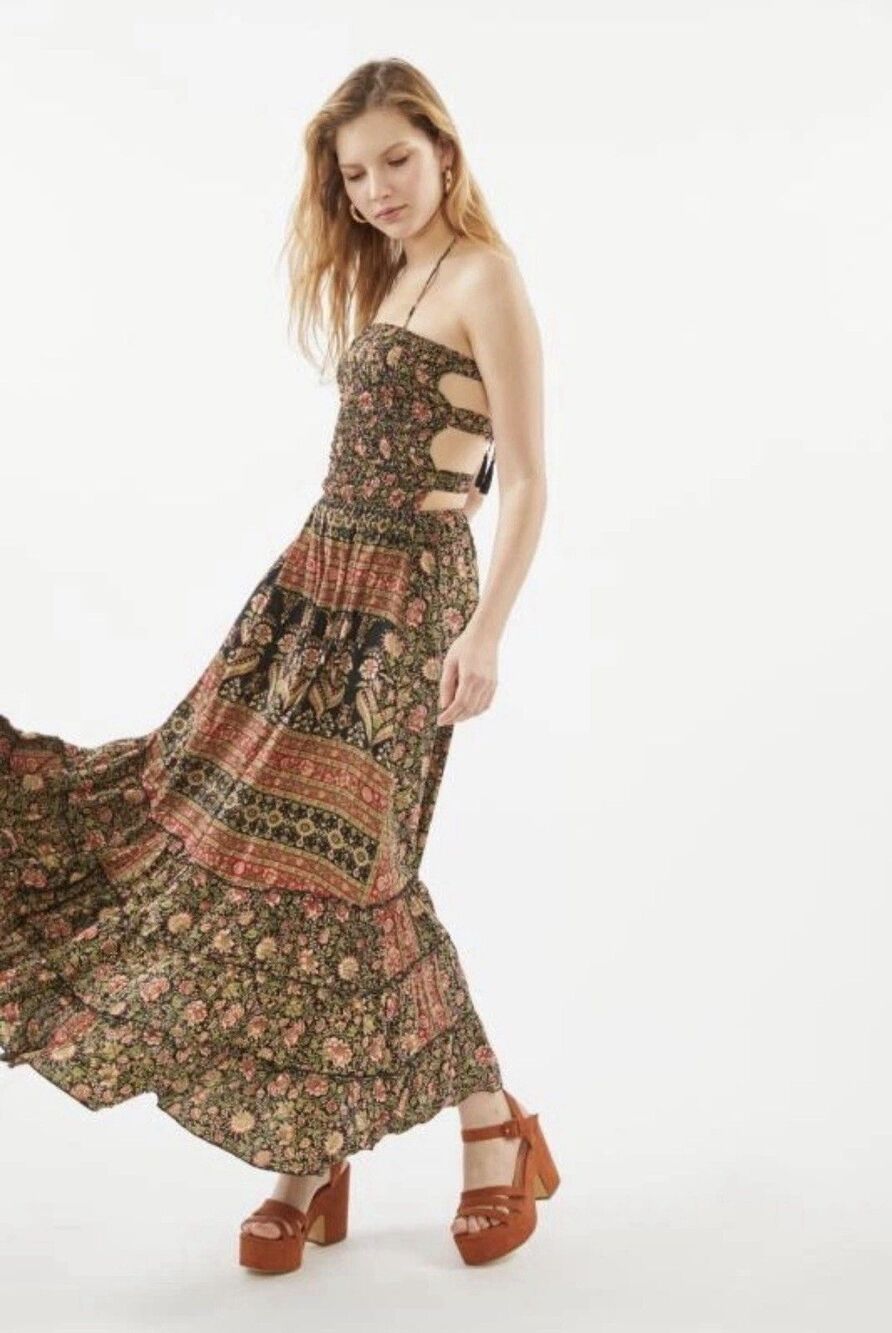 Raga Wild Rose Trails Halter Maxi Dress Boho Smocked Tiered S Floral Patchwork